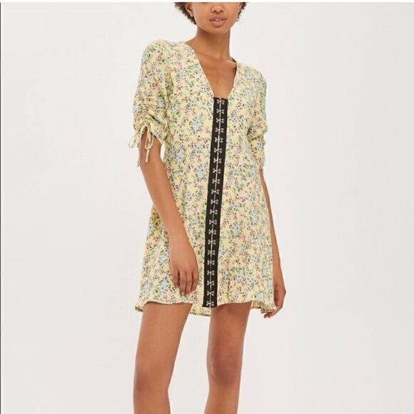 Topshop Yellow Floral Hook Closure Mini Dress || SZ 4 - Picture 1 of 16